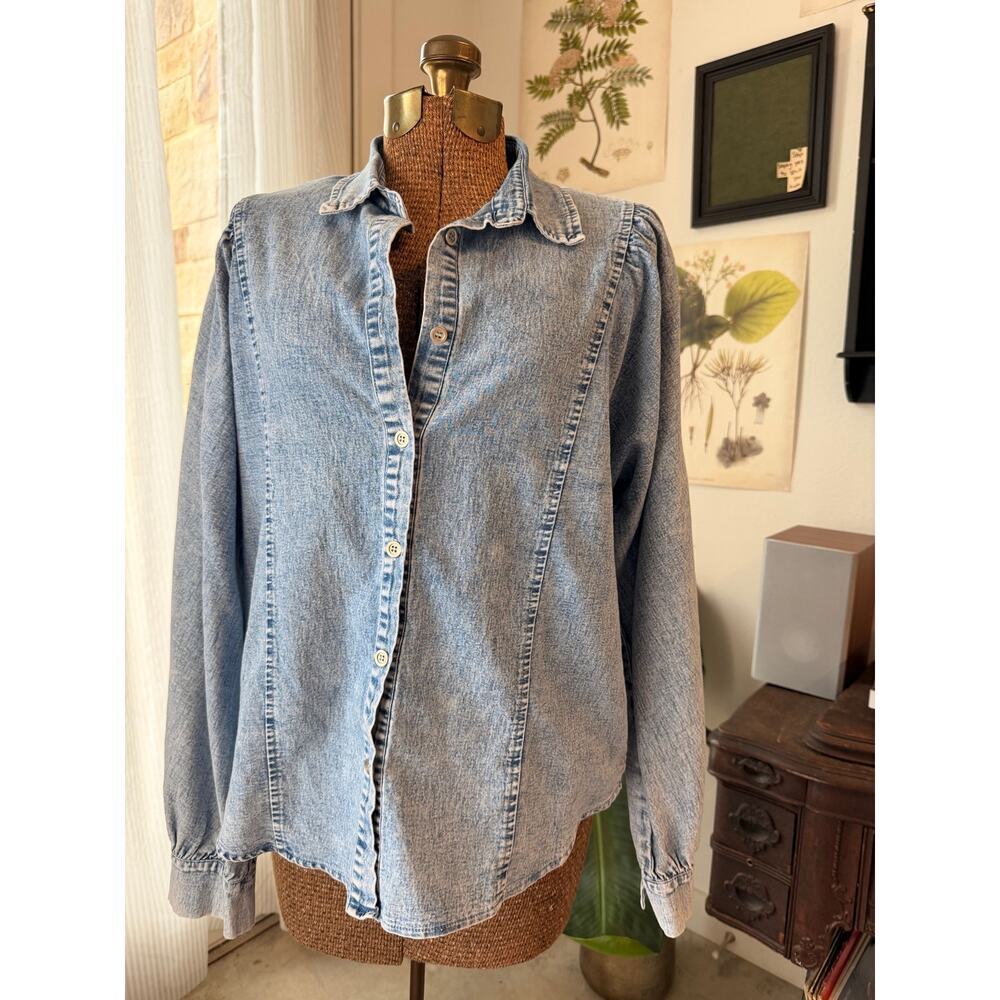 Aaron & Amber Chambray Denim Button Down Shirt Puff Sleeve Lightweight Medium